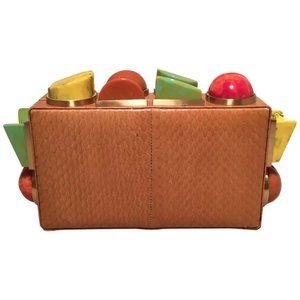 Tonya Hawkes Tan Faux Snakeskin Convertible Clutch with Marble Multicolor Studs